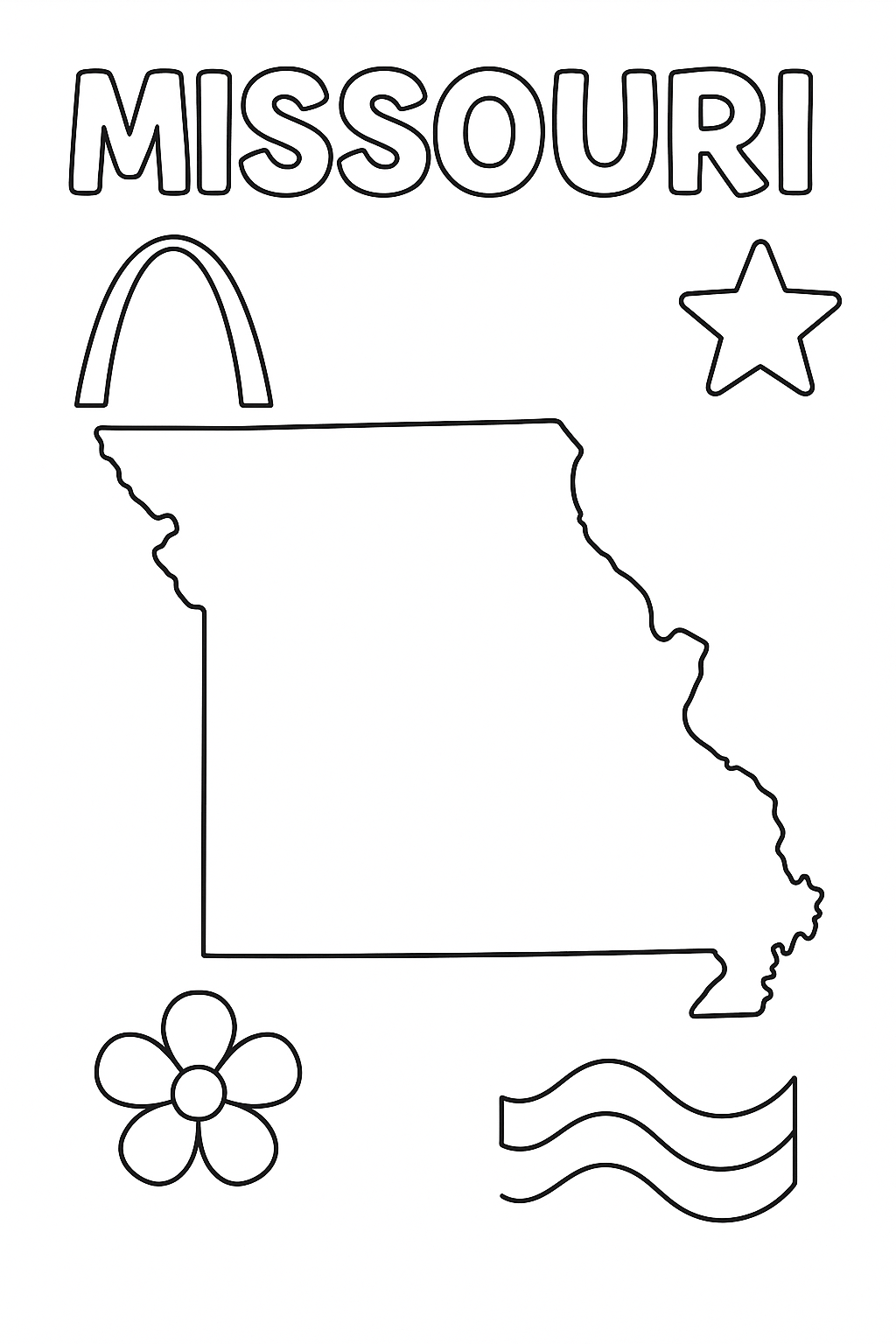Write “Missouri” once at the top in outlined letters. Create a big, centered state outline. Add one arch, one flower, one river wave, and one star icon in corners.