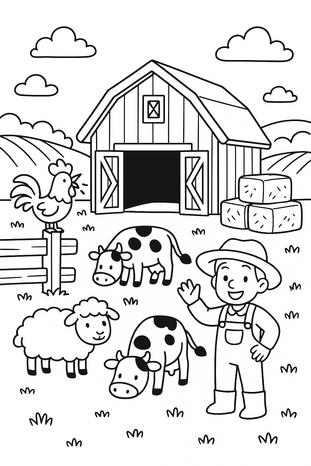 A red barn with open doors, a rooster crowing on a fence, cows and sheep grazing nearby, hay bales stacked neatly, a farmer waving, rolling fields behind, and a warm, cheerful cartoon farm style.