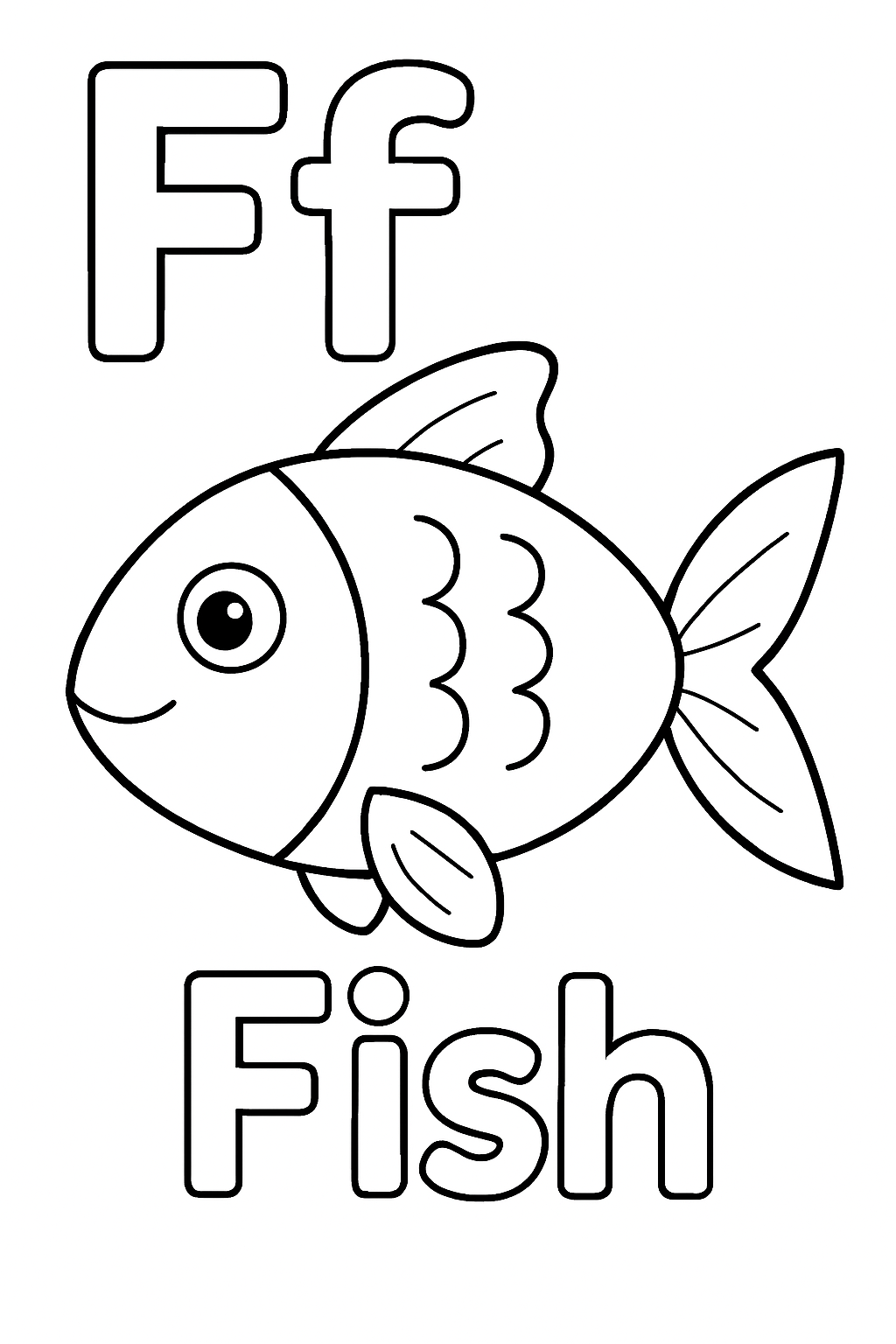 The uppercase letter “F” next to the lowercase letter “f”. With a fish image under the letters. Write out the object “Fish”.