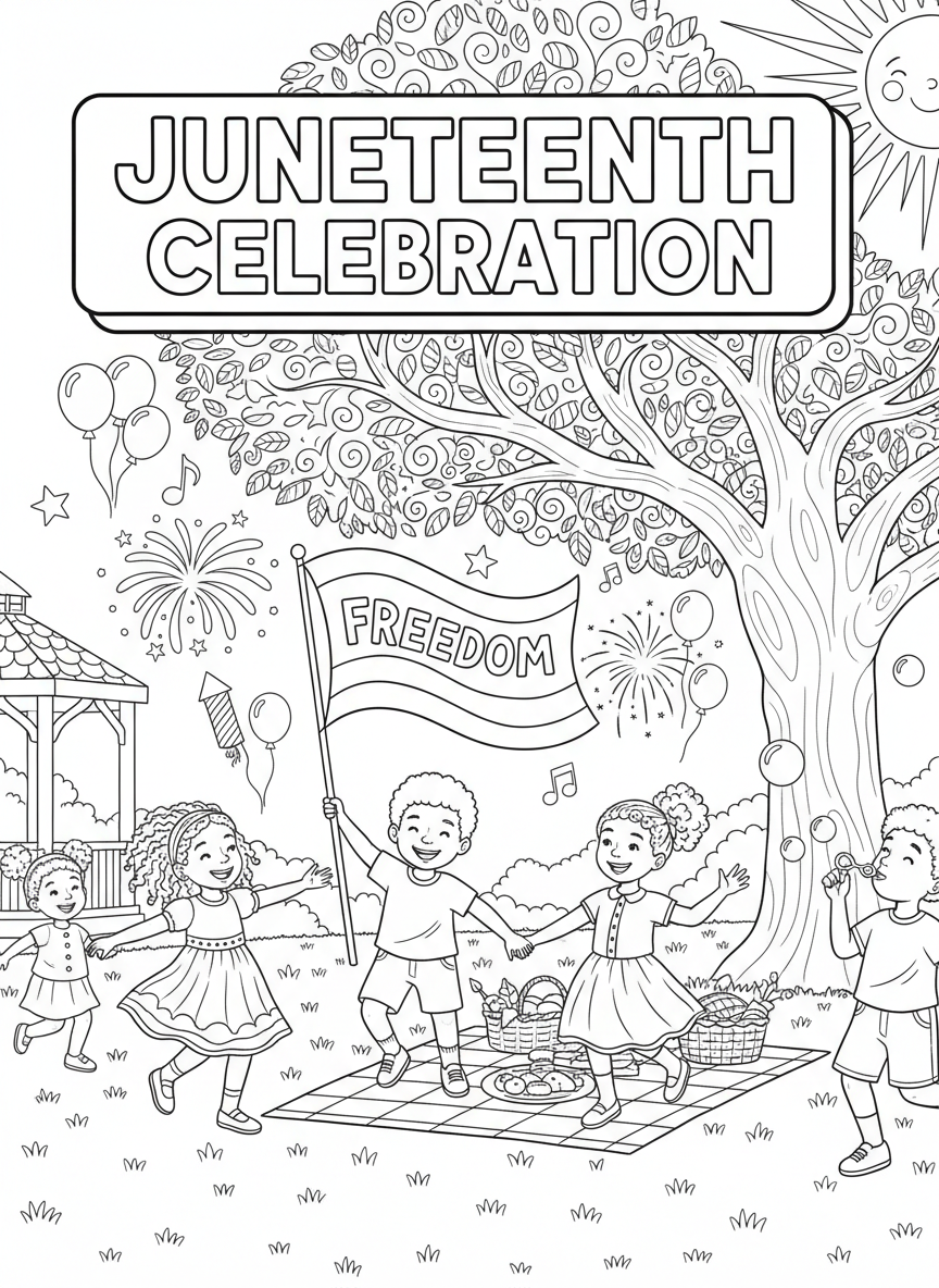 Juneteenth children's coloring book cover, full color, vibrant kid-friendly illustration with whimsical juneteenth elements, clean composition, title-safe area at top.