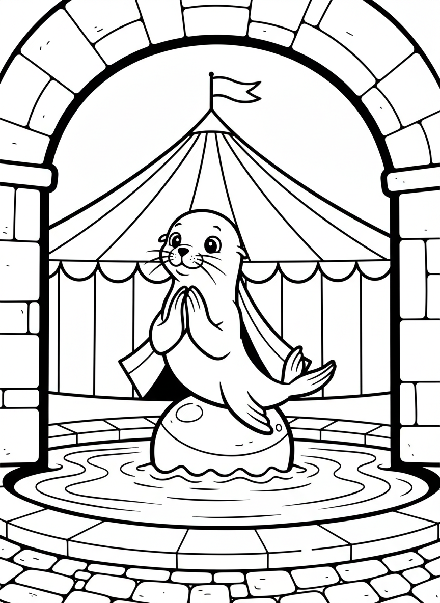 A young sea lion clapping its flippers together while balancing on a round rock, circus-like pose.