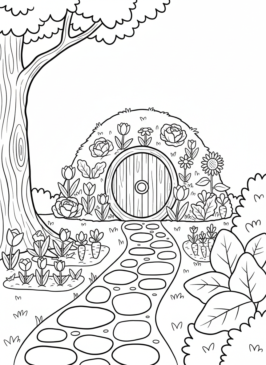 A cozy gnome home built into a hillside with a round door, stone pathway, and a garden of flowers and vegetables