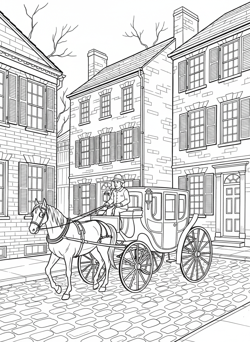 A colonial-era street scene in Philadelphia with cobblestone roads, horse-drawn carriage, and historic brick buildings with shuttered windows.