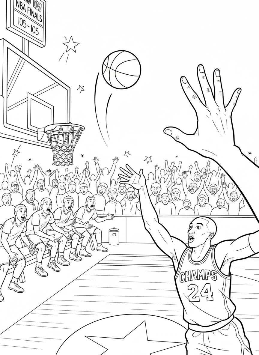 nba finals: A corner three released at the buzzer, fingertips still held in follow-through as the ball travels toward the hoop, cameras flashing and the bench leaning forward in suspense.