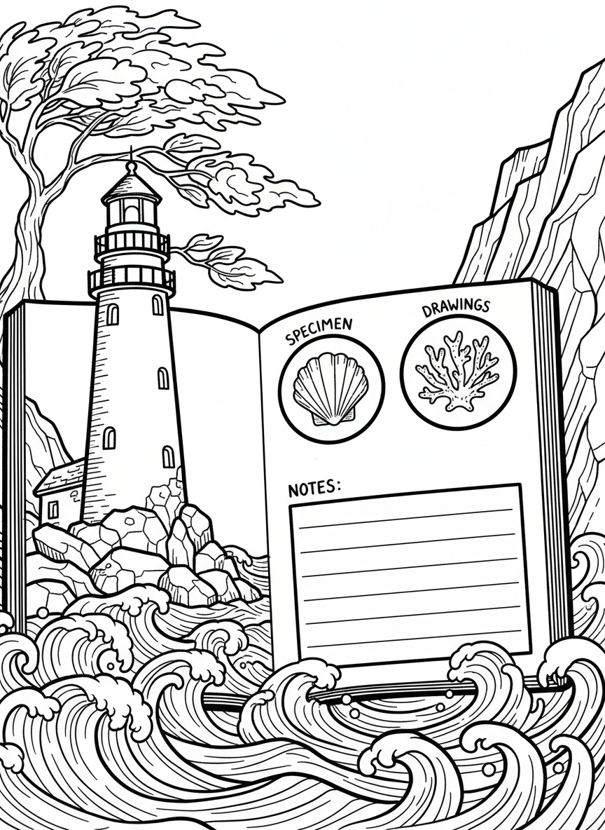 A journal spread with a lighthouse in the background, rocky shore foreground, and designated areas for specimen drawings and notes