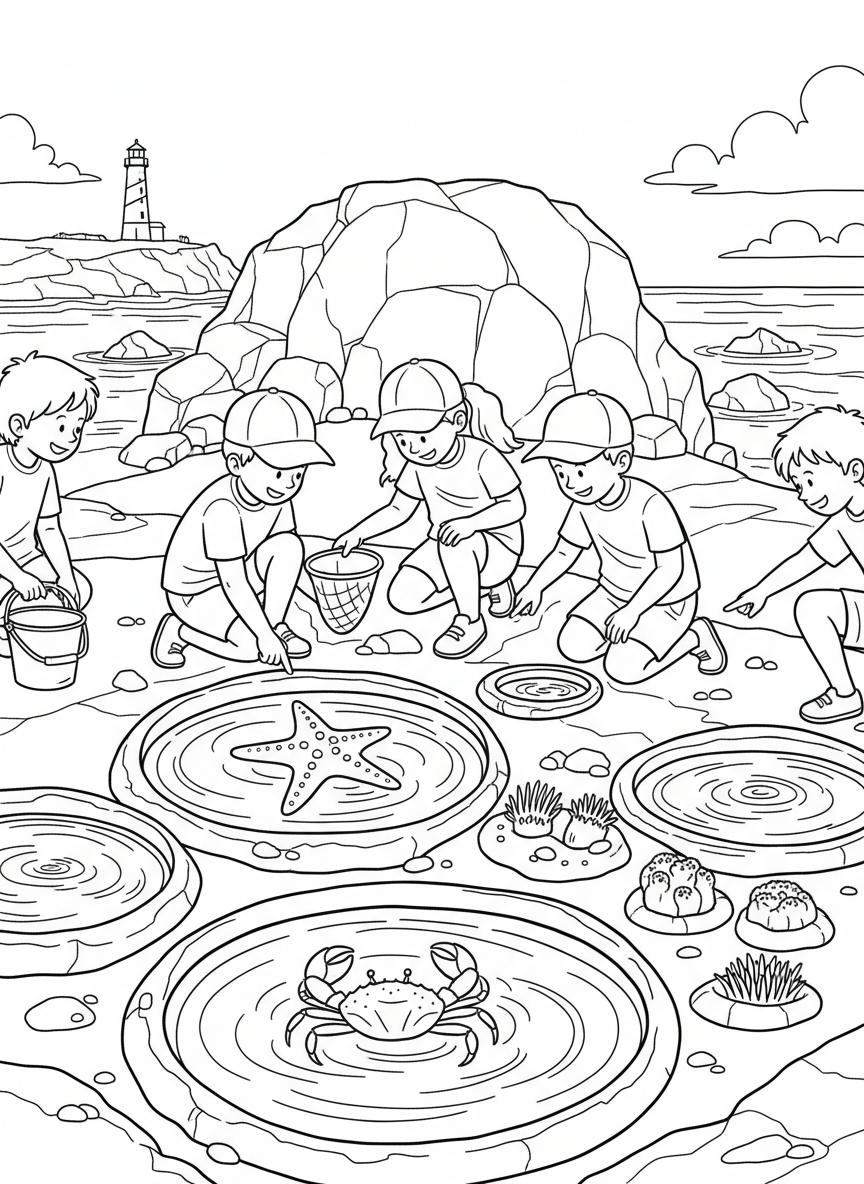Children exploring tide pools at Cabrillo National Monument with starfish, crabs, and anemones in the rocky pools