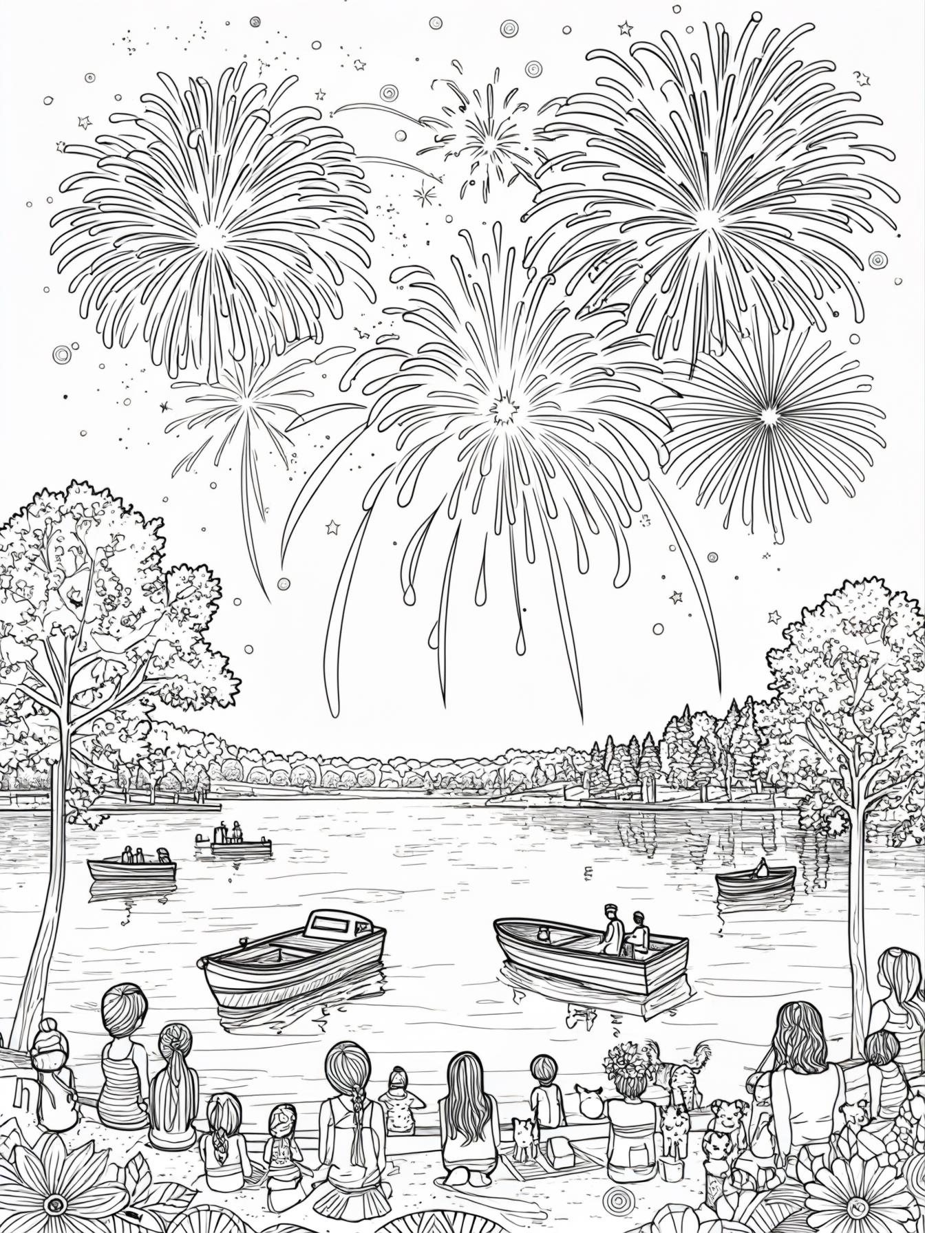 Fourth of July Fireworks coloring page prompts focusing on nighttime celebrations, glowing skies, and shared moments of awe.	A lakeside fireworks display with boats floating calmly as the sky lights up.