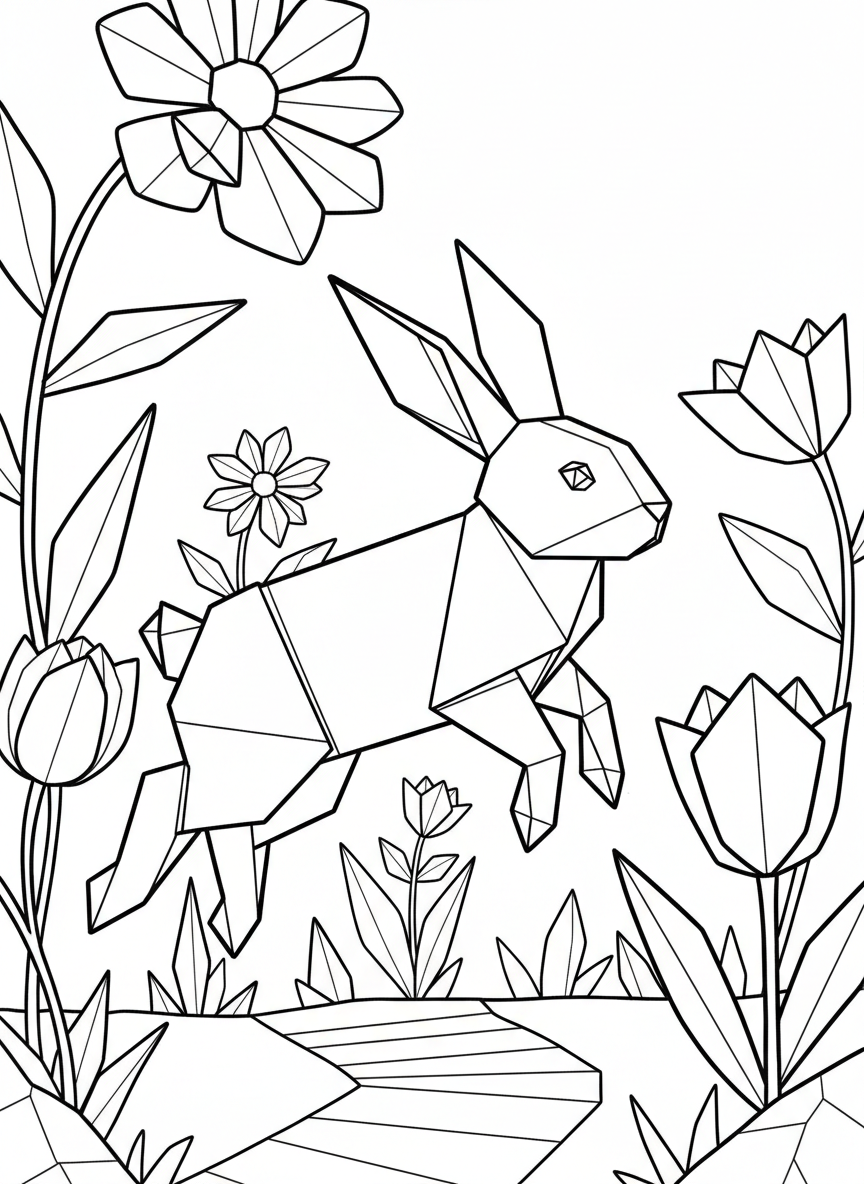 A cute origami rabbit with long pointed ears hopping through a garden with flowers, geometric paper-folded style with bold outlines