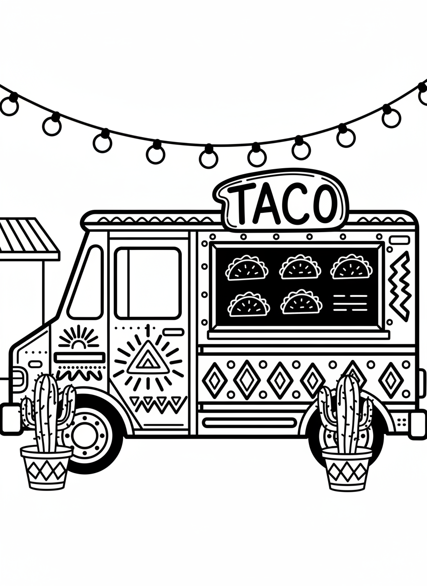 A detailed taco truck with decorative Mexican patterns, cactus plants in pots, string lights, and a chalkboard menu showing different tacos.