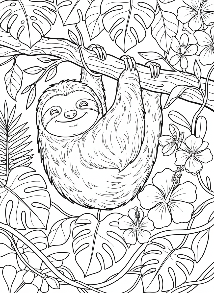 A smiling sloth hanging upside down from a thick branch, surrounded by large tropical leaves and flowers, simple line art for coloring