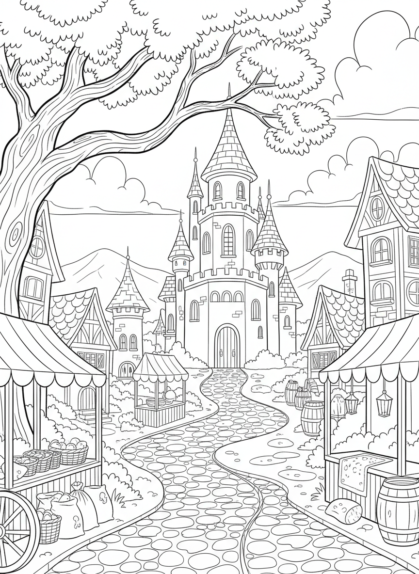 A fairy tale village with small houses, a castle in the background, cobblestone streets, and market stalls with awnings.