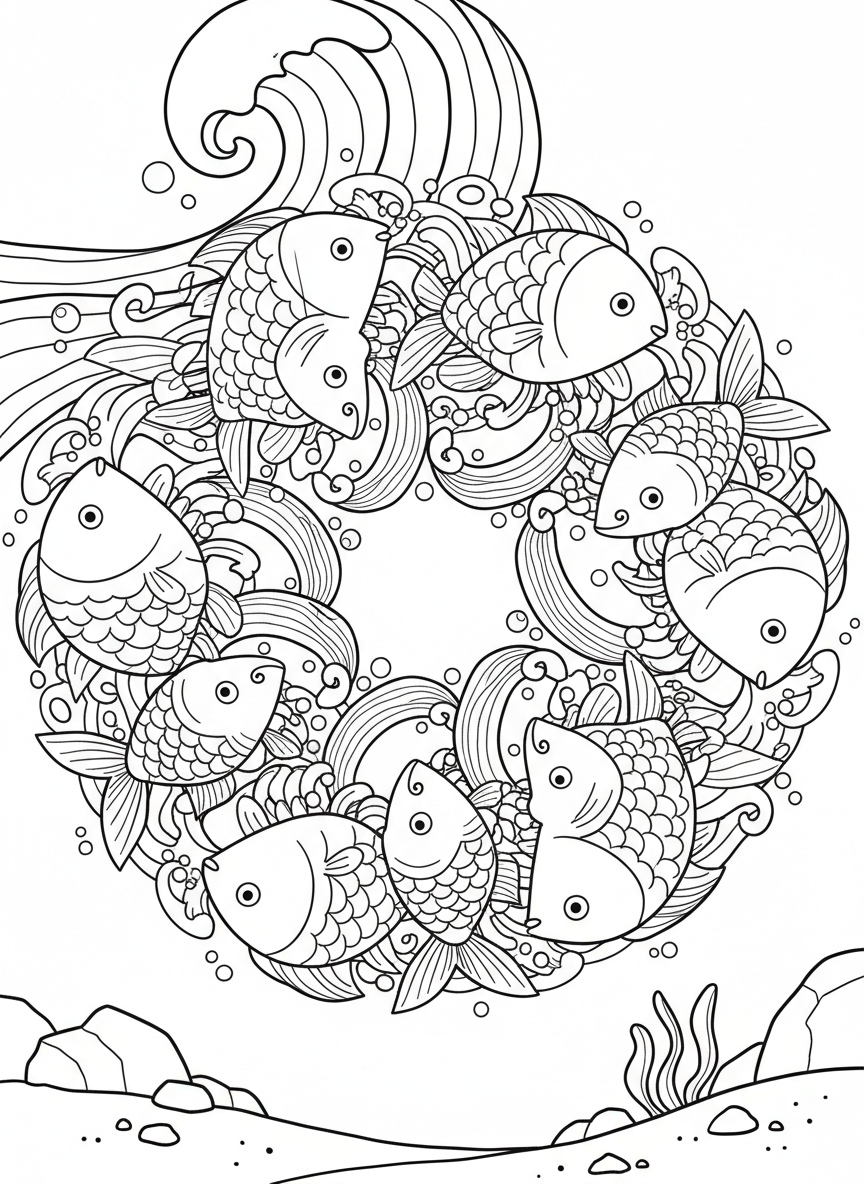 A kid-friendly mandala with large fish shapes swimming in a circular pattern, each with simple scale details
