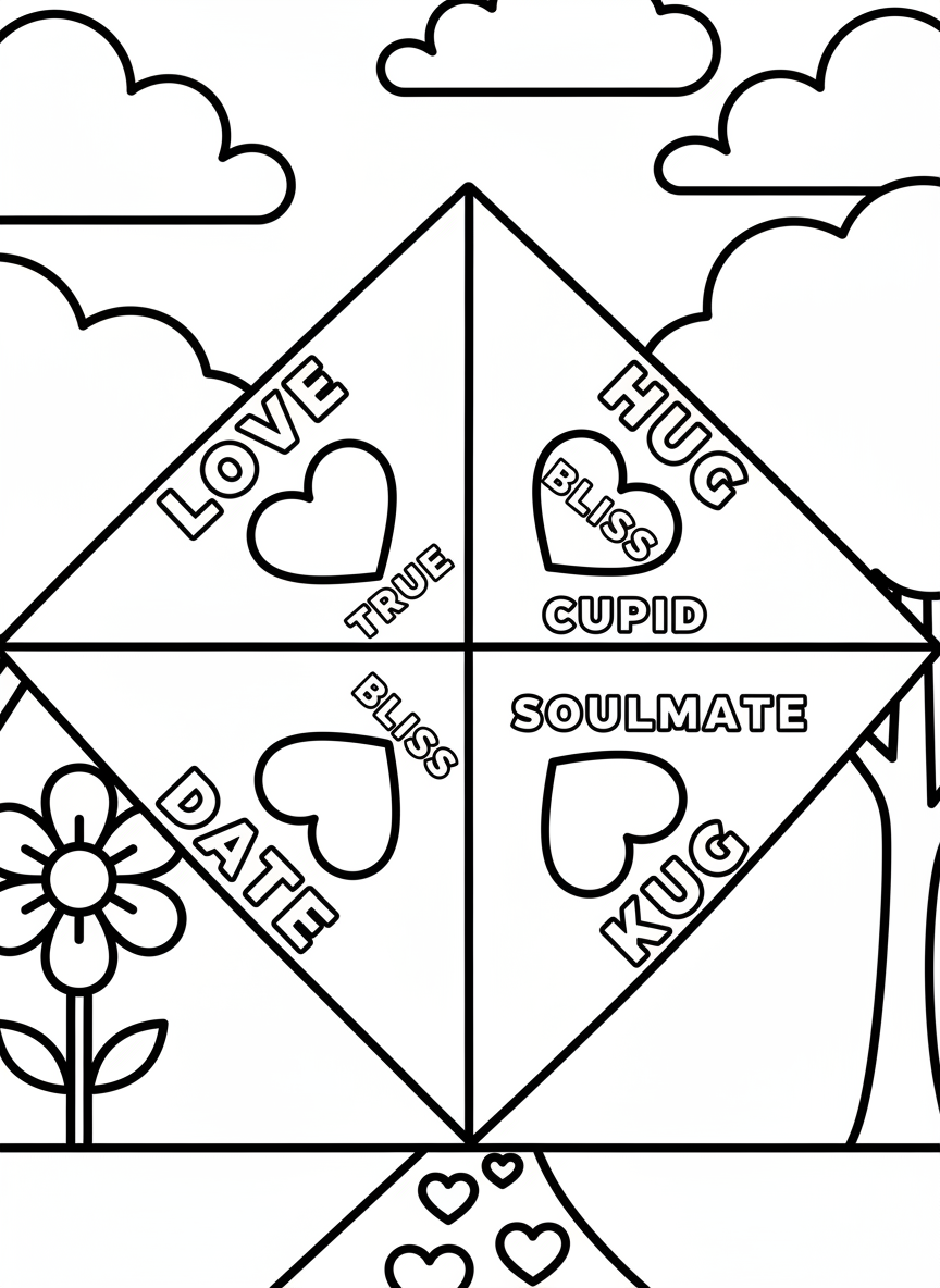 A paper fortune teller (cootie catcher) decorated with hearts on each flap and love-themed words visible on the sections.