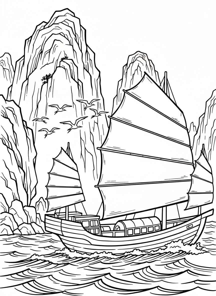 A Chinese junk boat with distinctive battened sails, sailing past rocky cliffs with birds flying overhead.