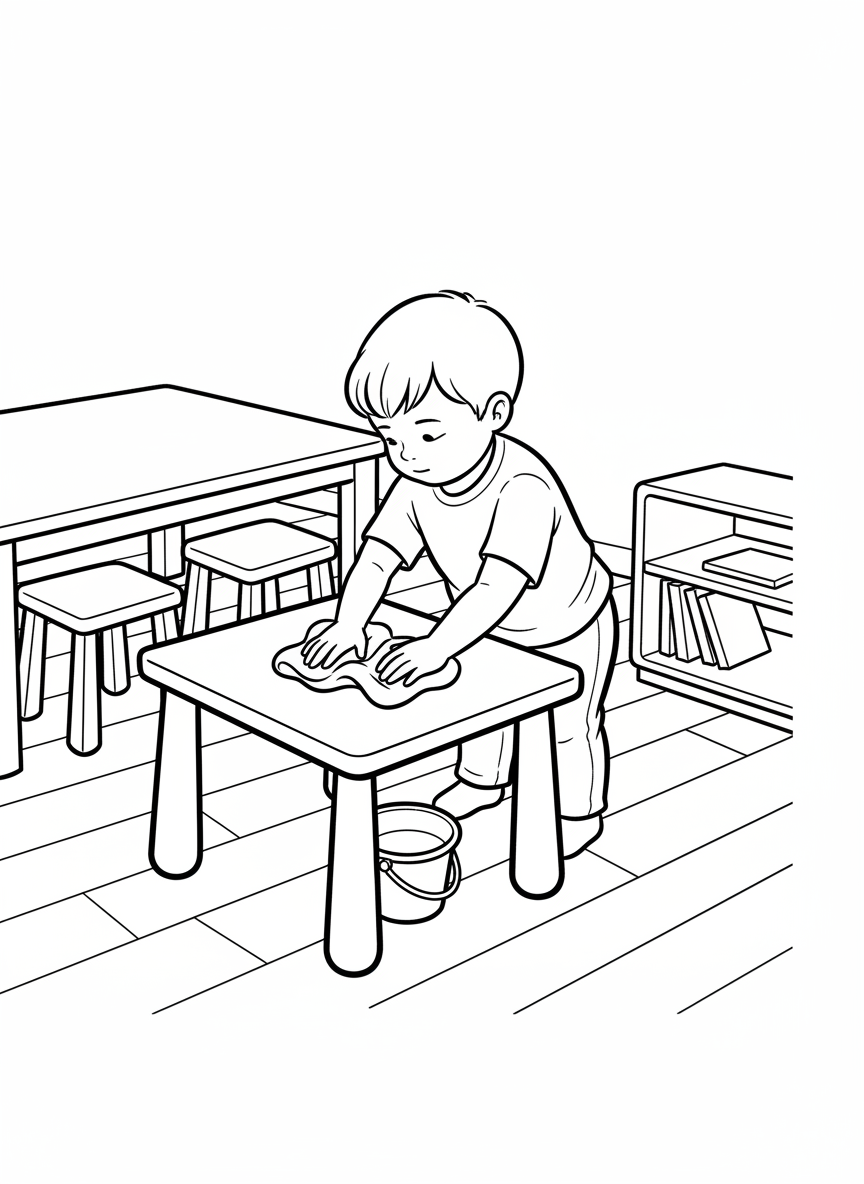 A child wiping a small table with a cloth, simple classroom furniture, clear action focus, clean bold outlines, minimal background, no text, no logos
