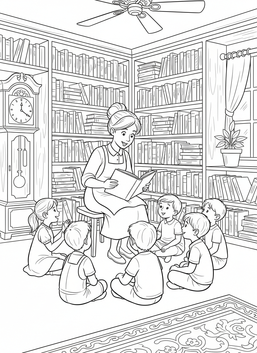 A librarian reading a storybook to a circle of children sitting cross-legged on the floor, surrounded by bookshelves filled with books.