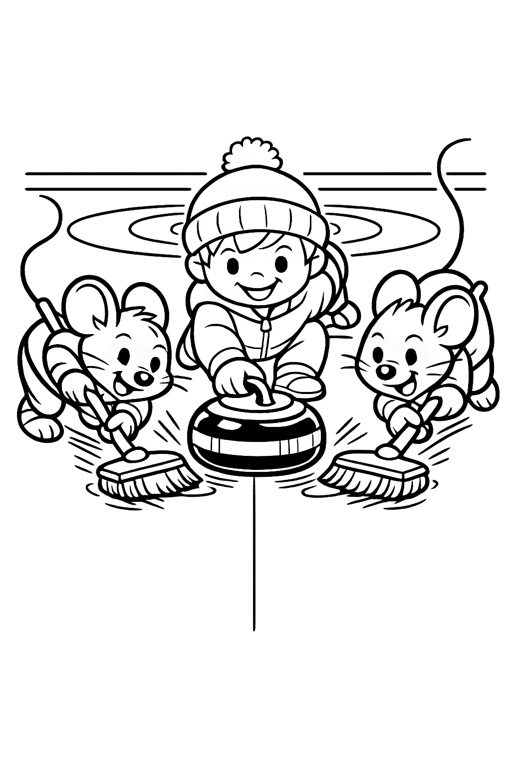 Curling Fun: A character sliding a curling stone while two others (maybe mice) furiously sweep the ice with brooms.