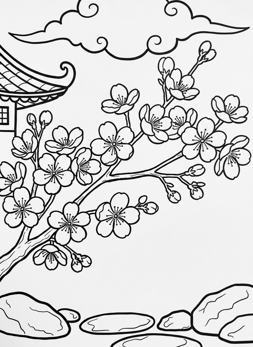 A cherry blossom branch with delicate five-petaled flowers and buds, spring theme, elegant composition.