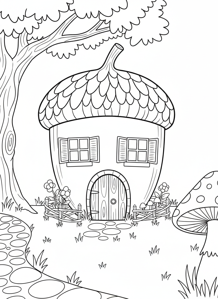 A fairy house shaped like a giant acorn cup with scalloped edges, a Dutch door, window shutters, and a tiny garden fence.