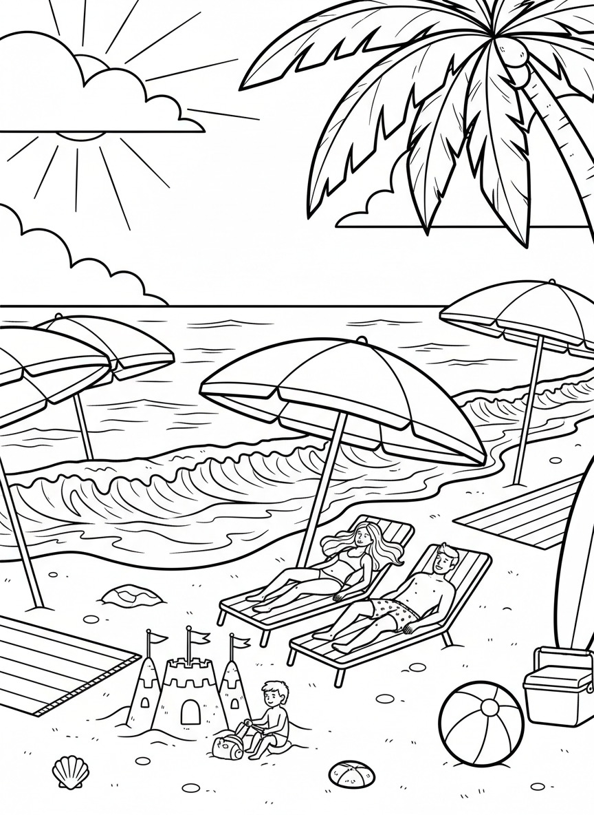 Summer Vacation coloring page prompts capturing travel adventures, relaxed days, family trips, and sunny escapes.	A sunny beach destination with umbrellas dotting the sand, waves rolling gently as vacationers relax.