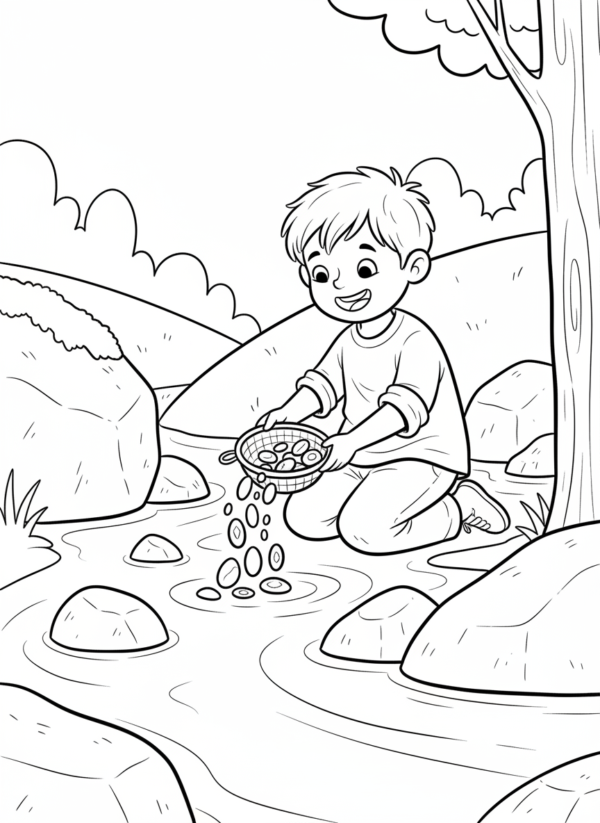 A cheerful child kneeling by a stream, using a small sieve to pan for colorful pebbles and gemstones, with rocks scattered around.
