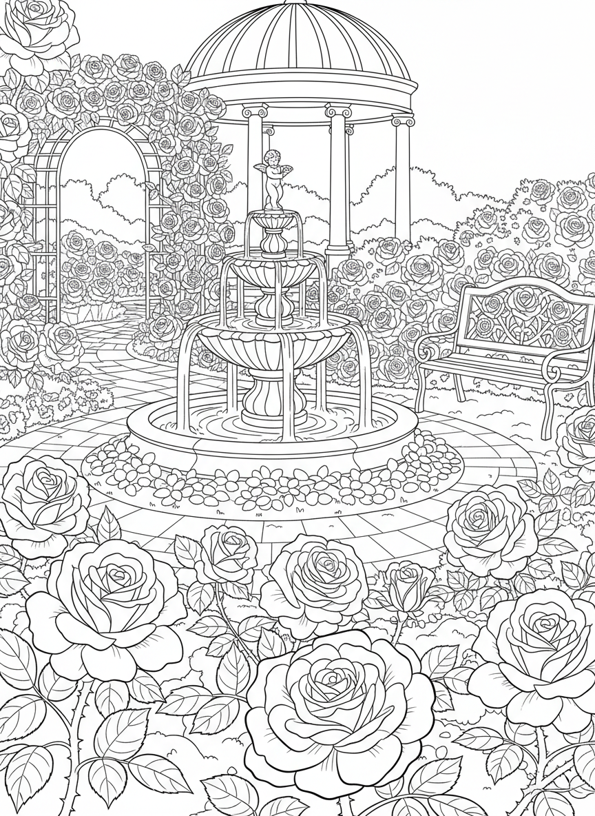 A beautiful rose garden with blooming roses, garden paths, and a decorative fountain, simple line art coloring page
