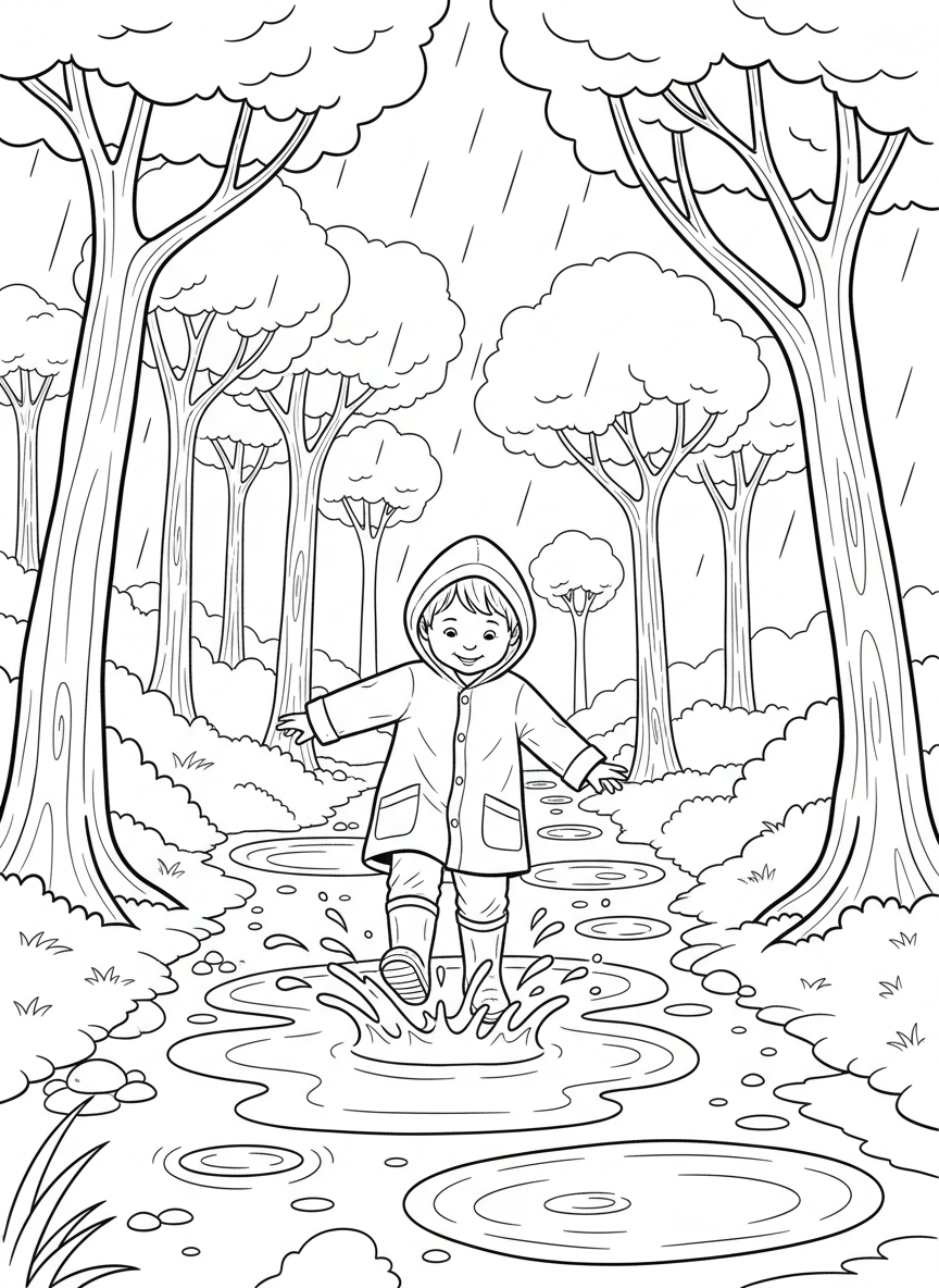 A child splashing through puddles on a rainy forest trail, wearing rain boots and a raincoat, with trees all around.