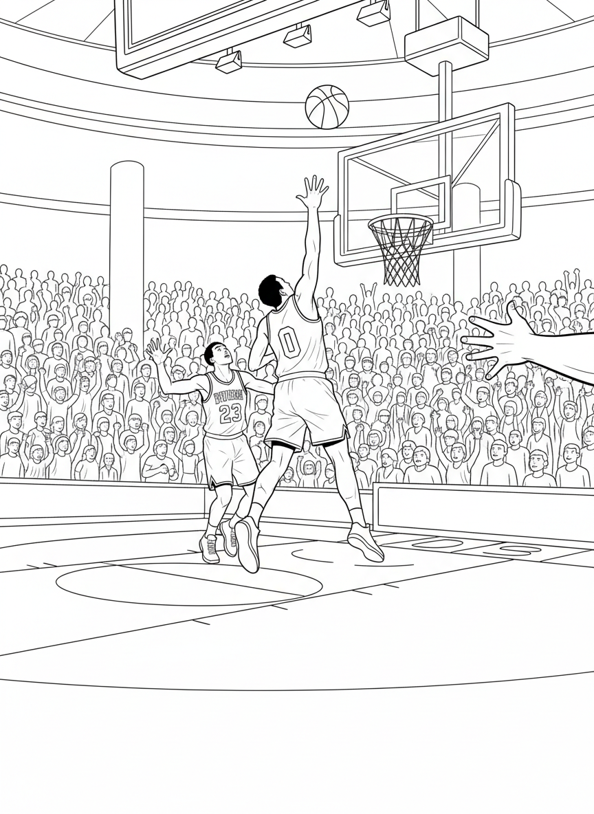 nba finals: A perfectly timed alley-oop unfolding above the paint, the passer watching the ball’s flight as a leaping finisher reaches skyward while the crowd explodes behind the play.