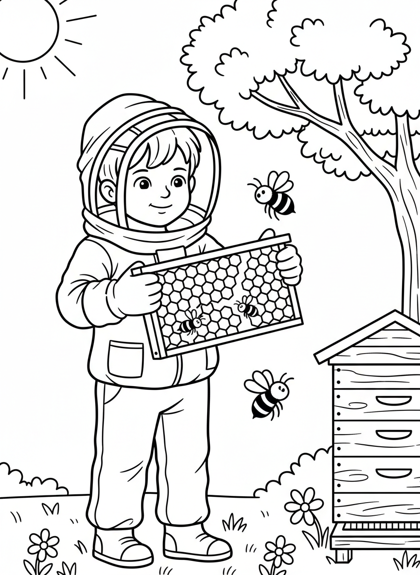 A child beekeeper in full protective gear observing a frame of honeycomb, learning about beekeeping, encouraging educational theme.