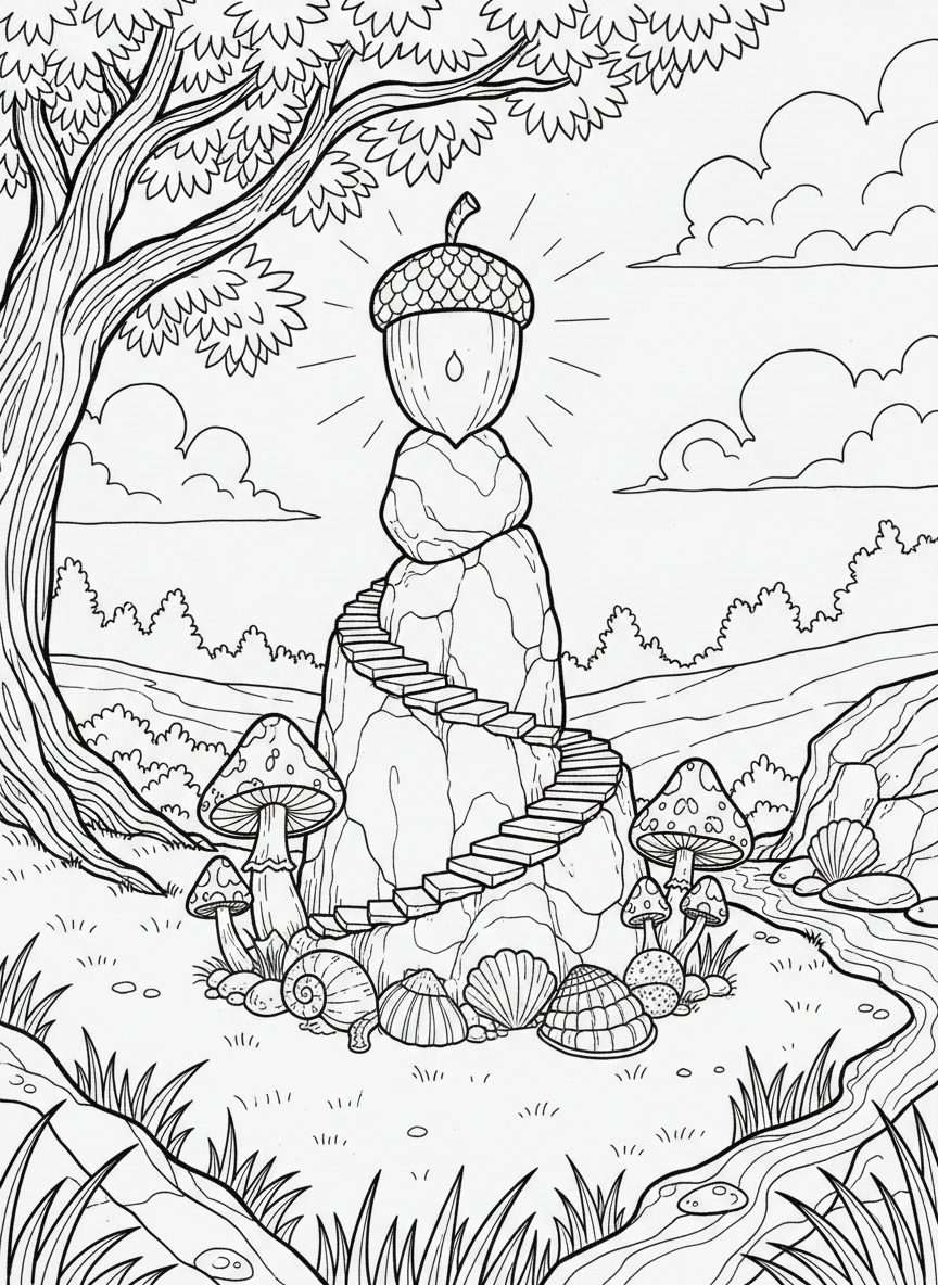 A fairy lighthouse on a small hill made of stacked stones with a glowing acorn cap on top and seashells decorating the base.