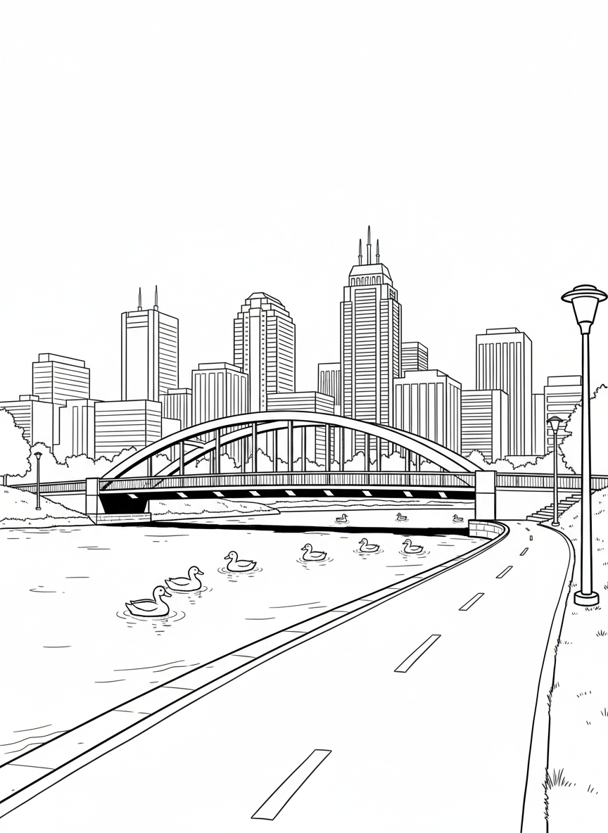 White River State Park scene with a walking path, bridge over water, ducks swimming, and city skyline in the distance.