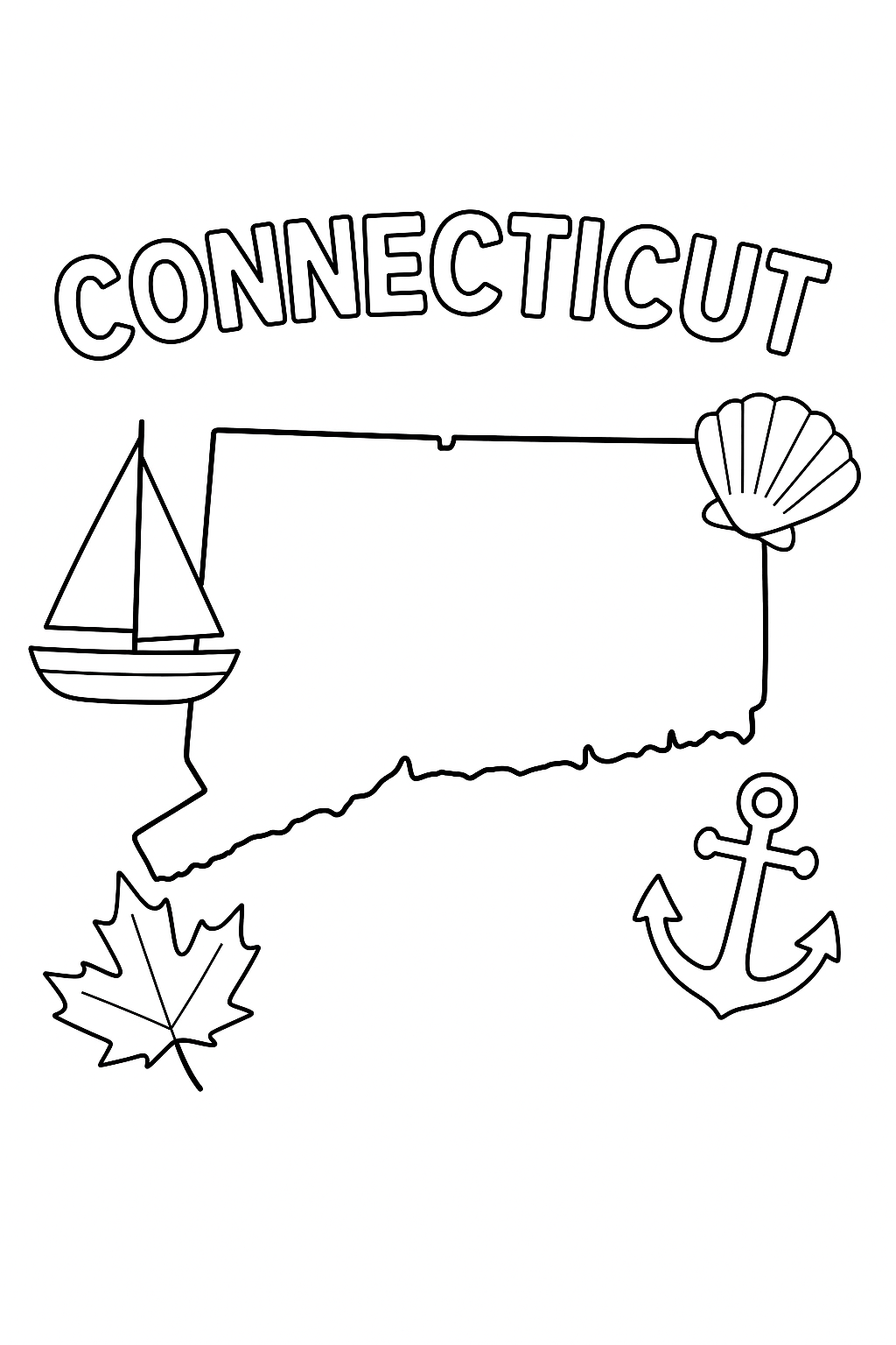 Connecticut Write “Connecticut” in outlined letters. Create an outline of the state centered. Add one sailboat, one shell, one maple leaf, and one anchor in corners only.