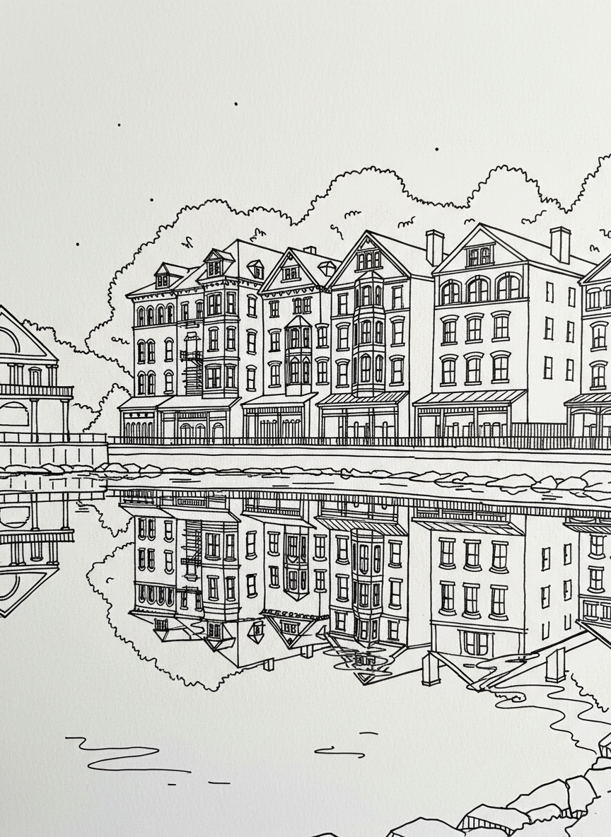 Boathouse Row buildings reflected in the Schuylkill River at night, showing the distinctive Victorian architecture with simple line details.