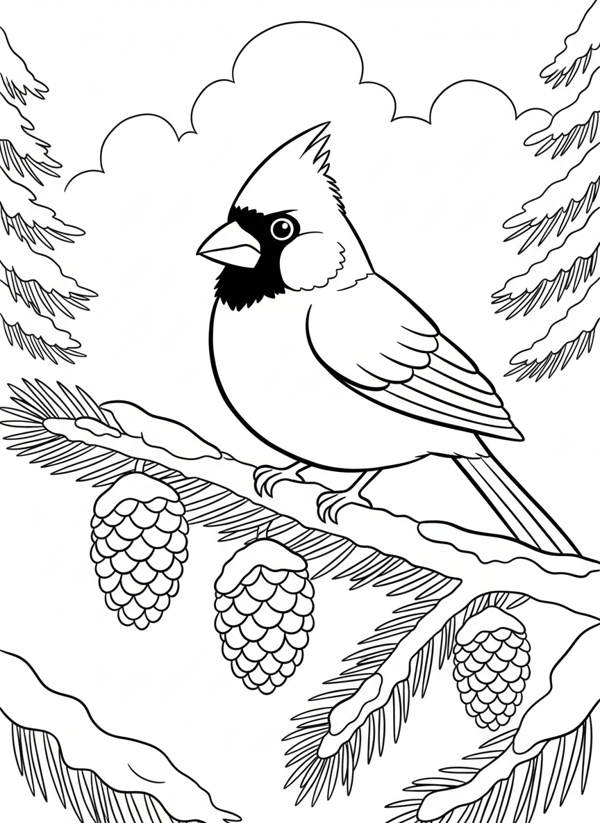 A red cardinal bird perched on a snow-covered pine branch with pinecones hanging nearby