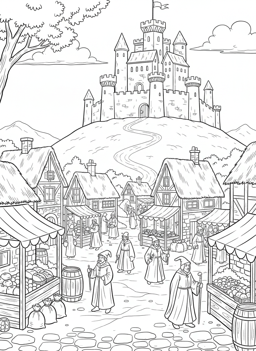 A medieval village scene with small houses, a marketplace, and a large castle visible on the hill in the background.