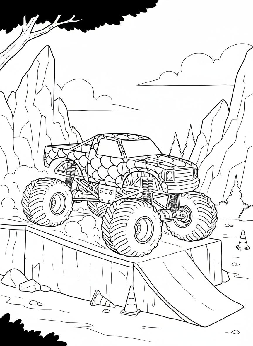 A monster truck with dragon scale patterns navigating through an obstacle course with cones and ramps