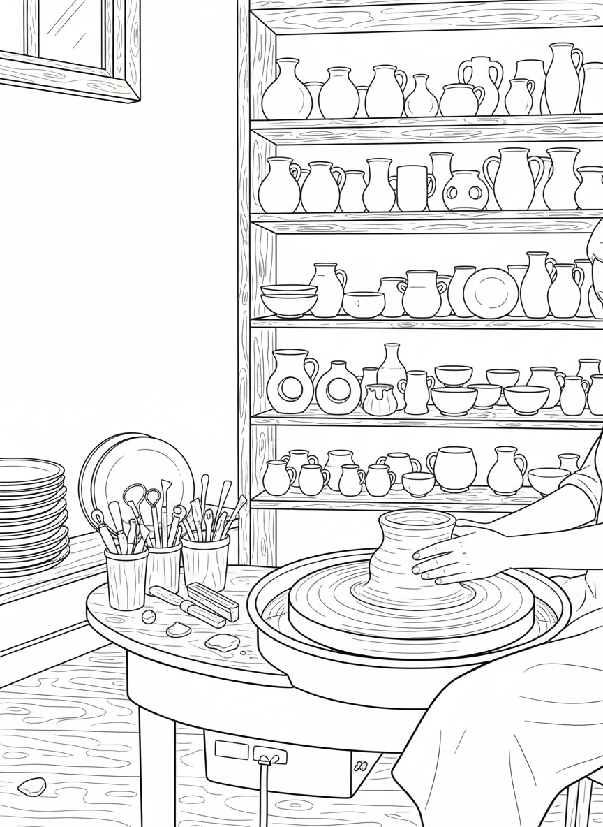 A pottery-making scene with clay spinning on a wheel, tools lined beside it, and shelves filled with finished ceramic creations.
