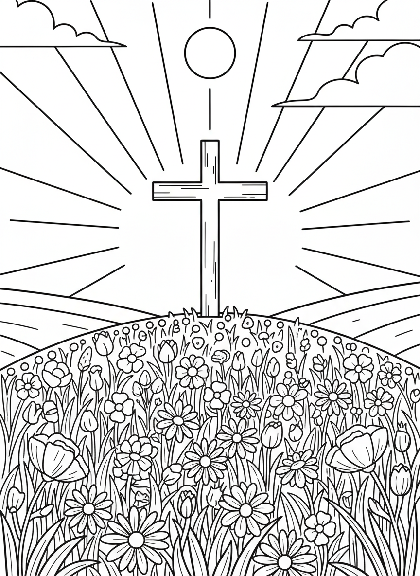 A simple cross standing on a hill at sunrise with rays of light behind it, surrounded by wildflowers and grass, peaceful and hopeful.