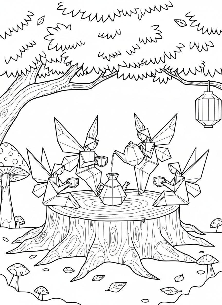 A group of four origami fairies having a tea party on a tree stump, with geometric cups and a teapot