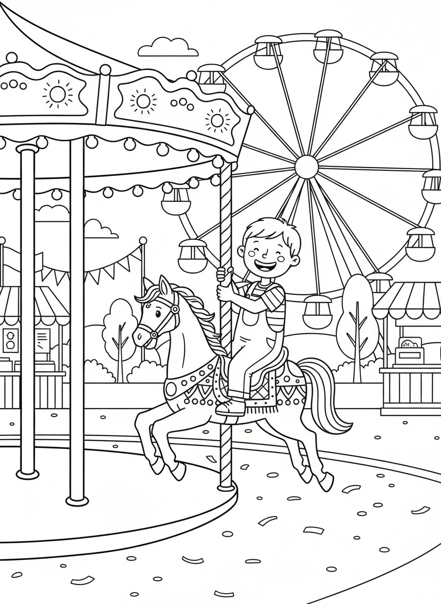 A cheerful child riding a carousel horse at the State Fair of Texas with a ferris wheel in the distance, festive line art