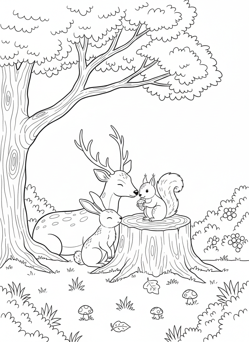 A group of animal friends including a deer, rabbit, and squirrel gathered around a tree stump, woodland friendship scene.