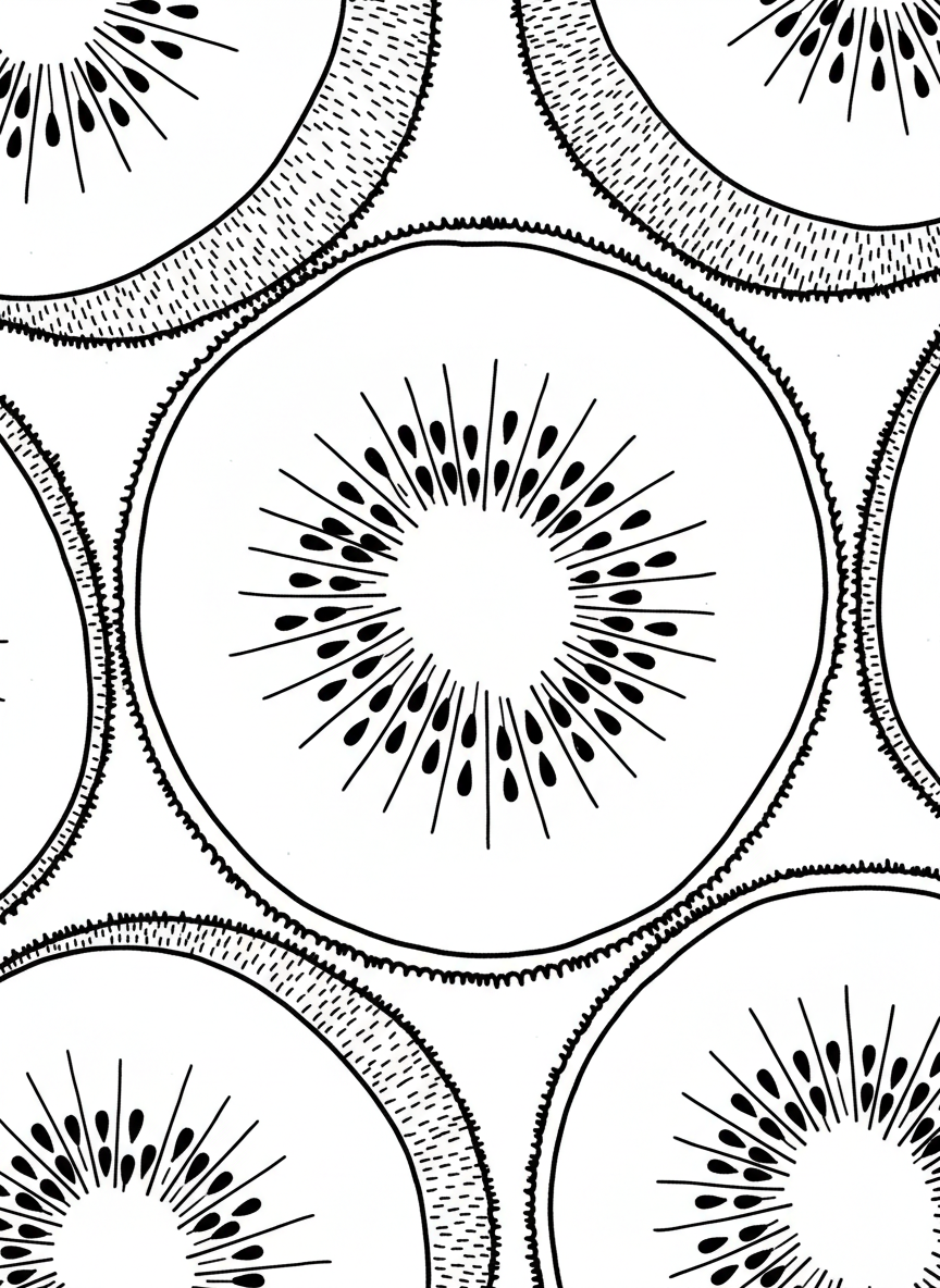 A kiwi fruit sliced to show the star pattern inside, surrounded by whole kiwis with fuzzy texture