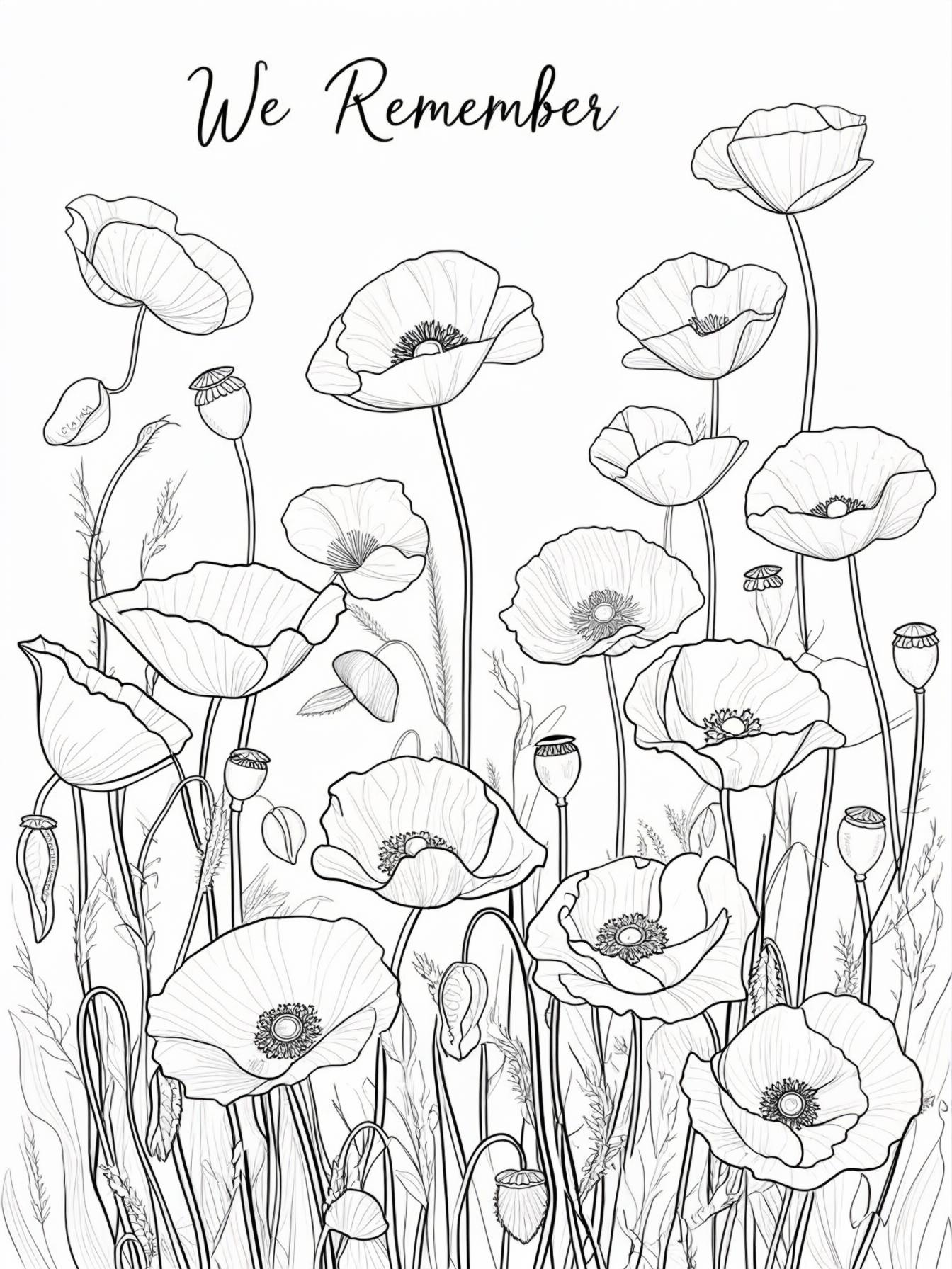 Remembrance Poppies: A beautiful field of stylized poppy flowers. In the center, the words "We Remember" are written in a gentle, flowing script.
