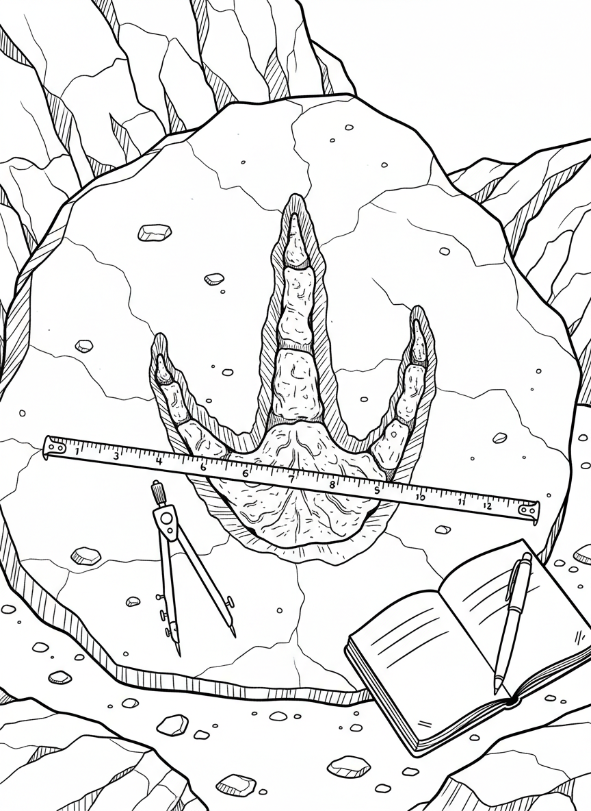 A fossilized dinosaur footprint in stone with measurement tools and a notebook beside it