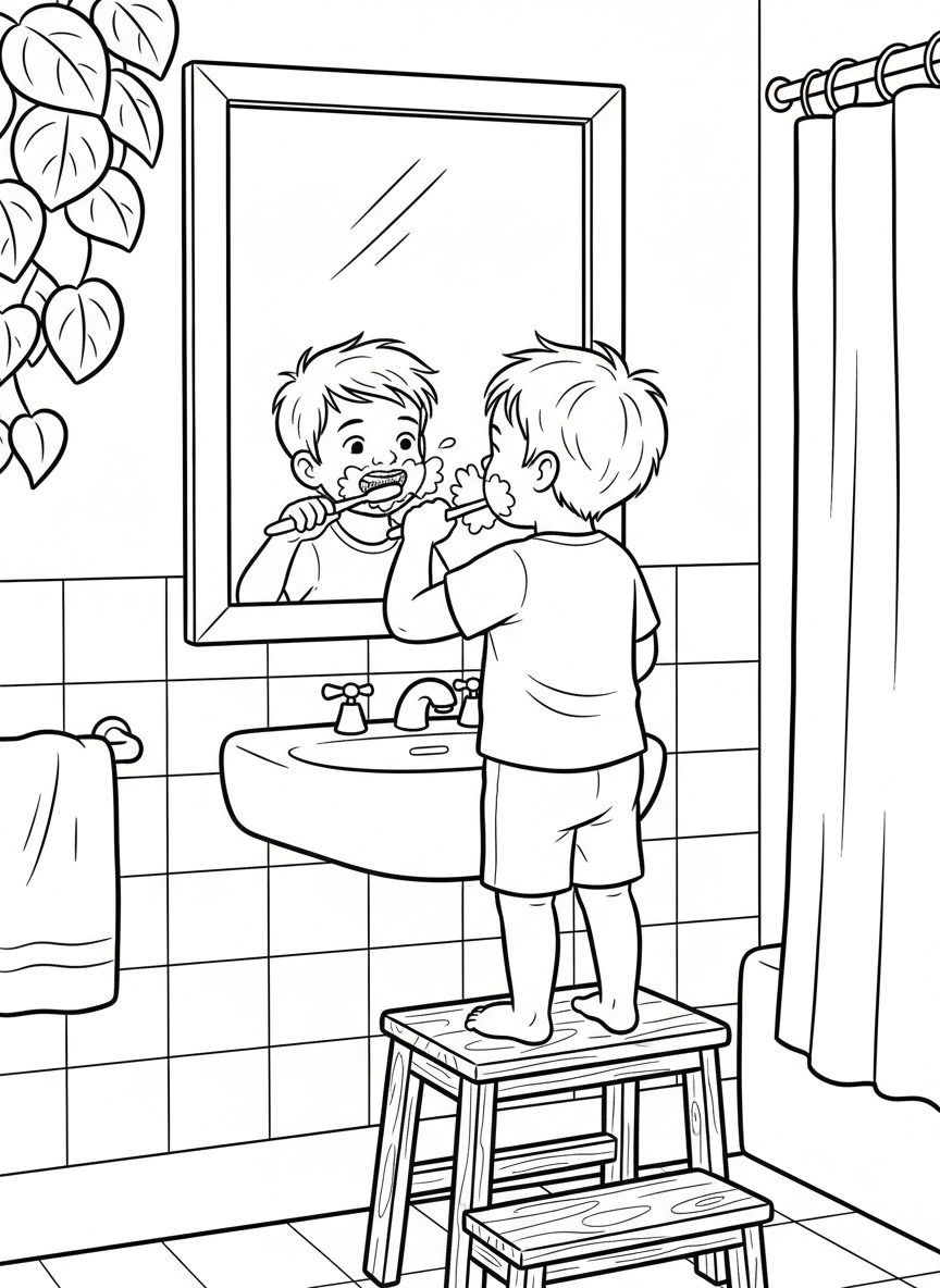 A child brushing teeth in front of a bathroom sink, toothbrush in hand, mirror above sink, simple tiles and small step stool, clear foreground action, clean bold outlines, high contrast, minimal clutter, no text, no logos