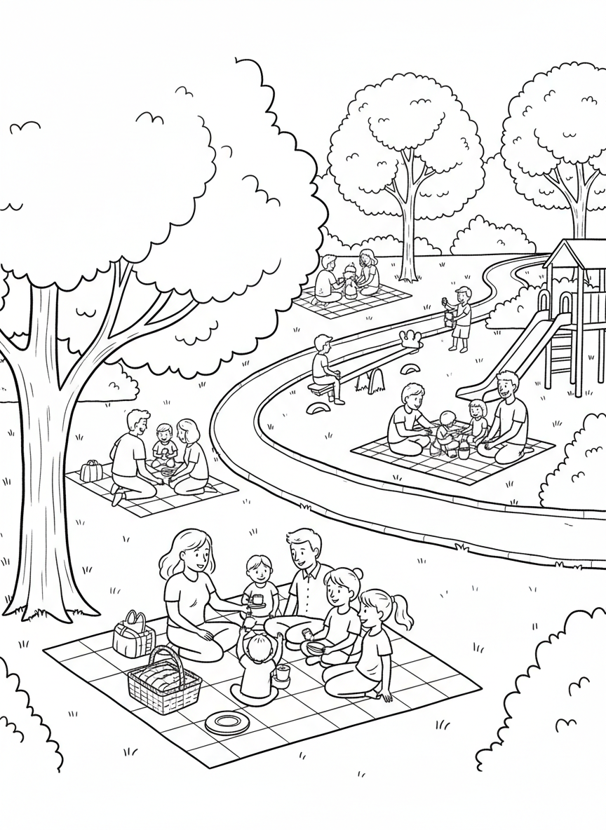A park scene showing multiple families at different picnic spots with trees, a playground, and a walking path connecting them.