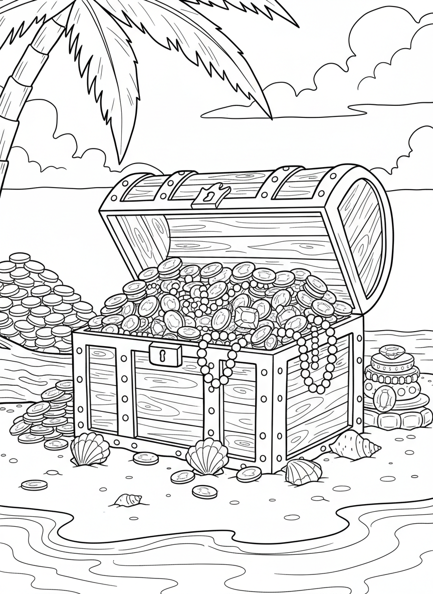 A large wooden treasure chest overflowing with gold coins, jewels, and pearl necklaces, sitting on a sandy beach with seashells scattered around