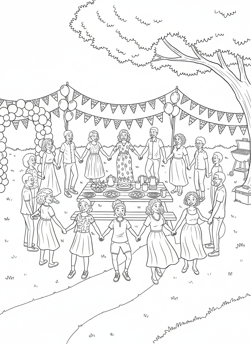 A joyful family gathering for Juneteenth celebration with people of all ages holding hands in a circle, with decorations and a picnic table in the background