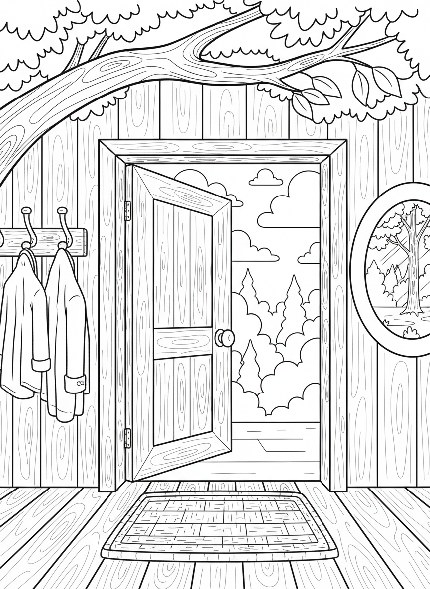 Treehouse entrance hall with coat hooks, a welcome mat, small mirror, and a door opening to the outside.