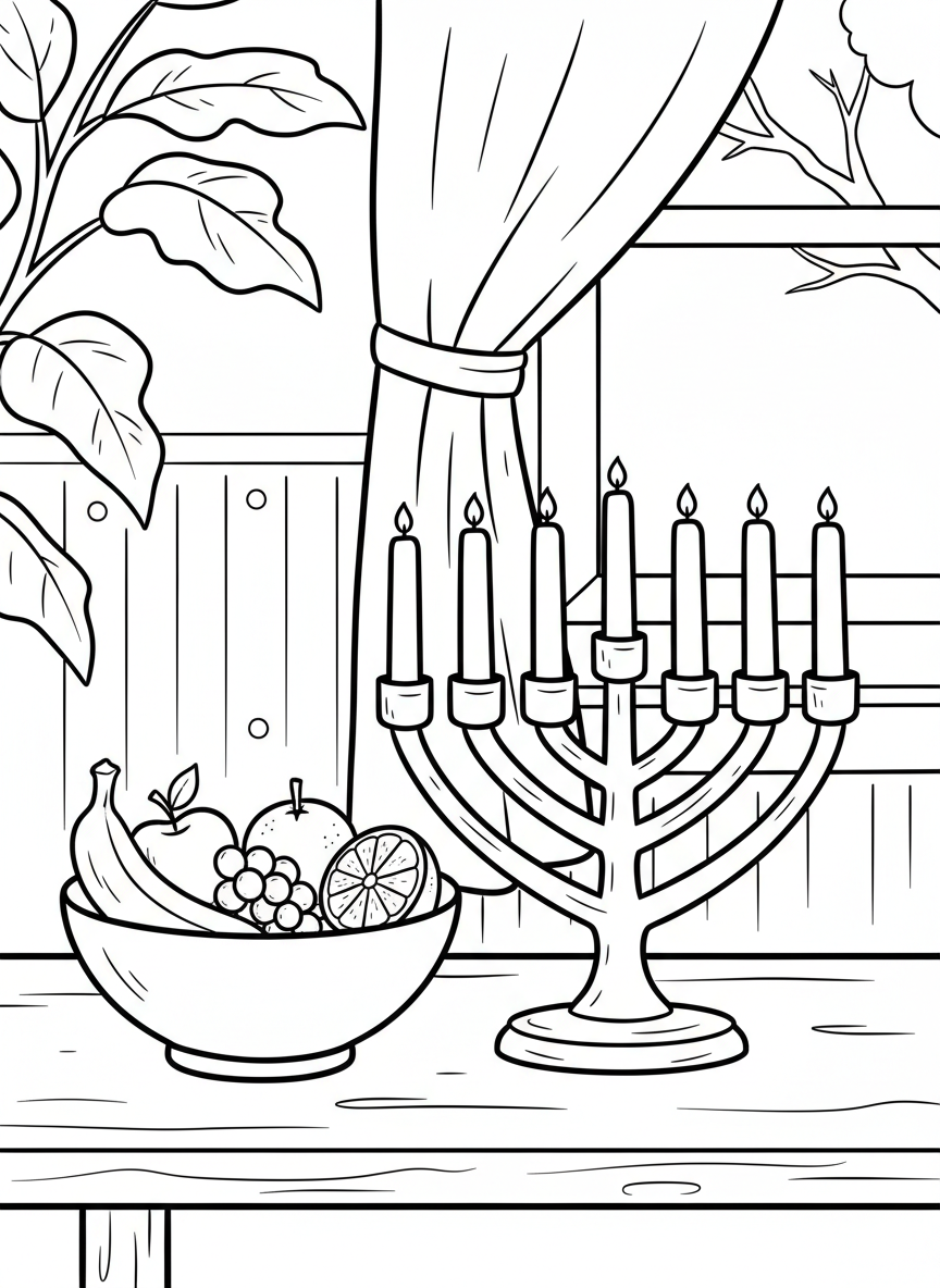 A simple scene of a Kinara on a table with a bowl of fresh fruit beside it, candles unlit, peaceful and easy to color.